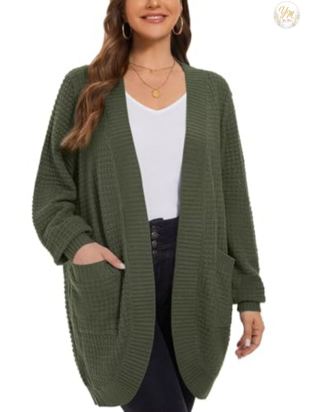 Plus Size Waffle Knit Open Front Cardigan with Pockets Ribbed Long Sleeve